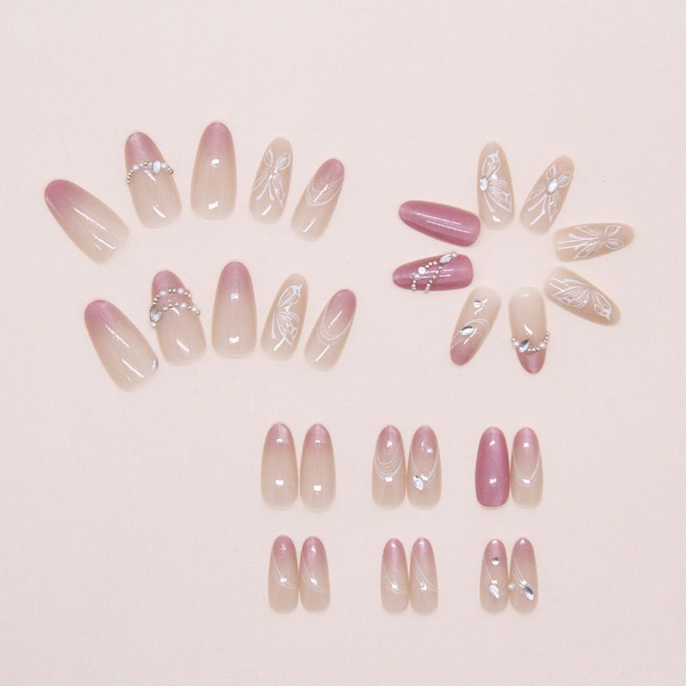 24pcs Long Almond Fake Nails French White Edge Press On Nails Manicure False Nails  Women