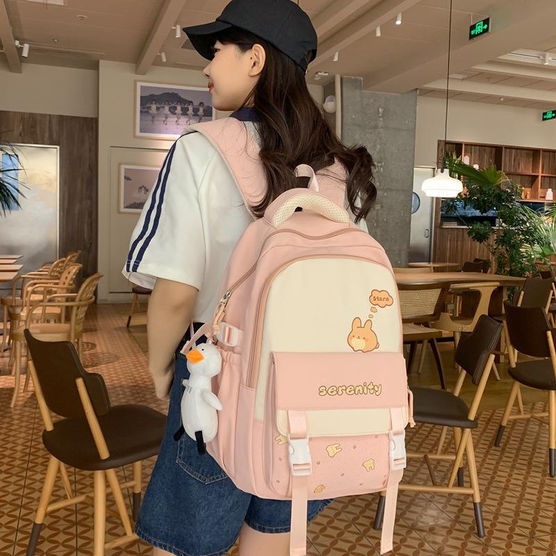 Student Grade 3-6 Schoolbag Women's Large Capacity Cartoon Backpack Campus Color Block Backpack
