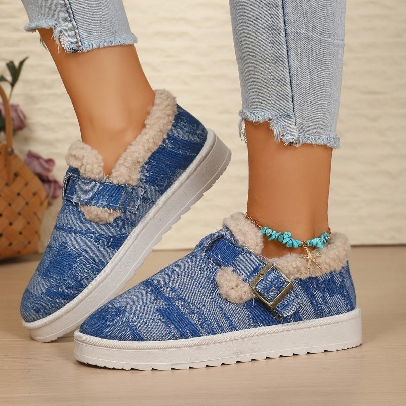 Cross-border Muffin Thick-soled Plush Low-top Cotton Shoes Women's Winter New Round Head Belt Buckle Warm Snow Boots