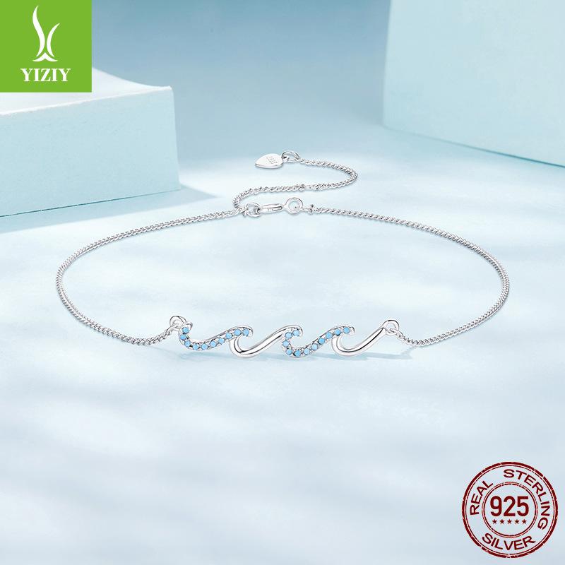 Summer Blue Wave Shape Anklet Creative Design Sense S925 Sterling Silver Anklet Jewelry