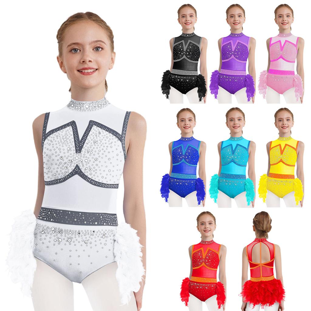 Kostium do tańca latynoamerykańskiego dla dziewcząt, trykot w blokach kolorystycznych ze spódnicą z piór, błyszczące cyrkonie, bez rękawów, wycięte plecy