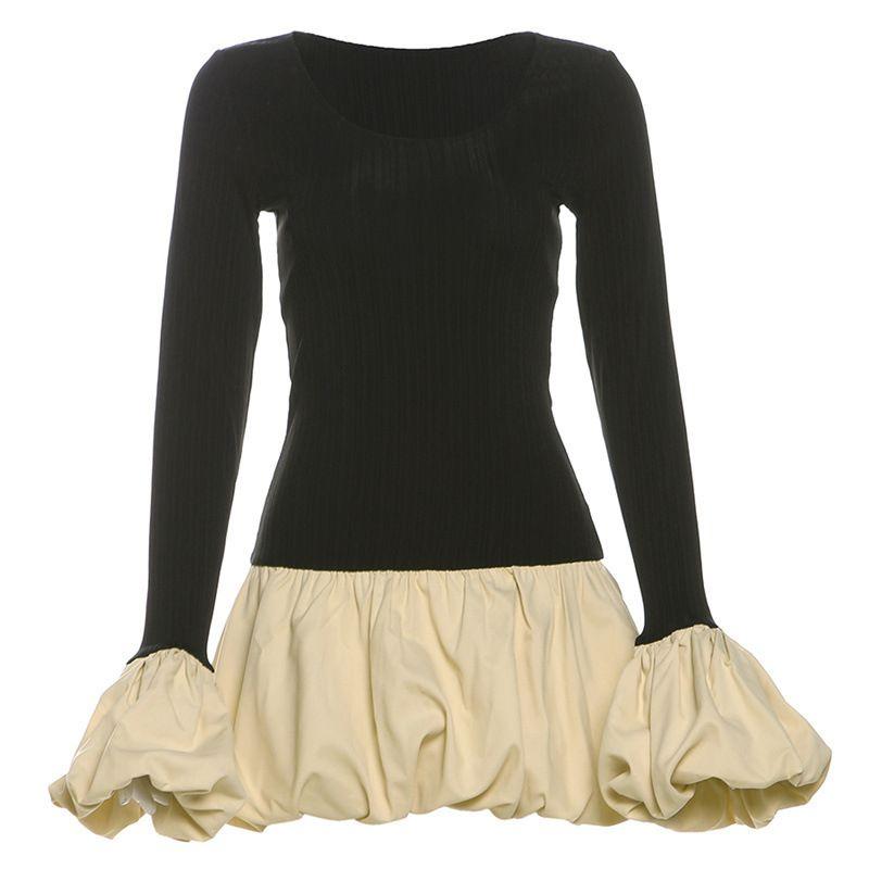 

Color Blocking Slim Fit Long Sleeve Dress Contrast Color Waist-Controlled Long Sleeves Dress Black L