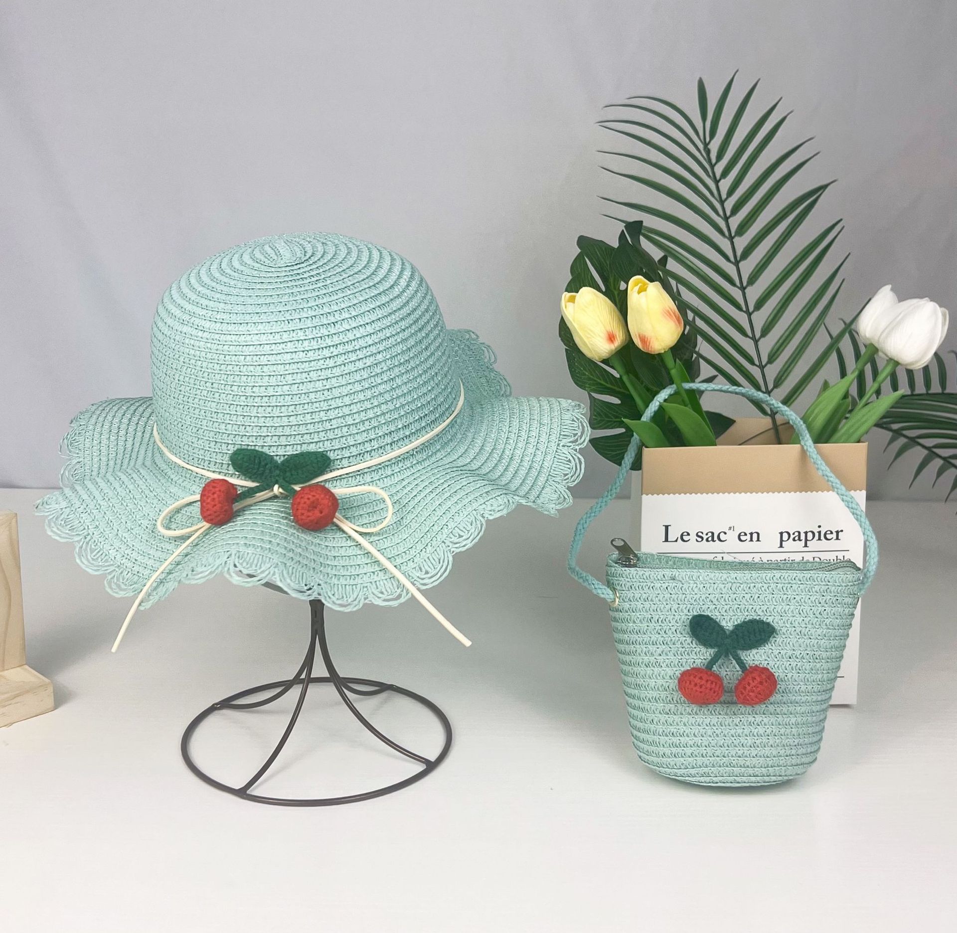 

Children Straw Hat + Shoulder Bag Summer Kids Girl Baby 2pcs Set Cute Cherry Bucket Hat For Outdoor Beach Holiday