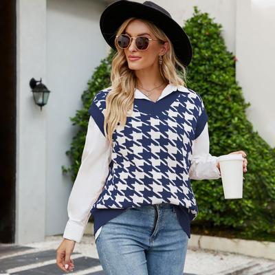 Autumn and Winter Sexy Women's Houndstooth Knitted Sweater Loose Sleeveless Vest Sweater Women