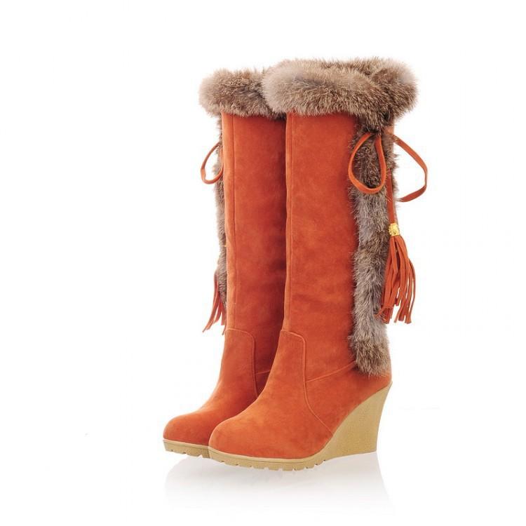 Europe, America autumn and winter fashion new snow boots slope heel medium tube rabbit fur warm boots tide