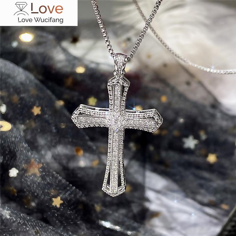 Huitan Hip Hop Cross Necklace For Women With Dazzling Cz Stone Luxury Silver Color Cool Neck Accessories Party Trendy Jewelry
