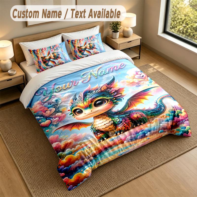Dragon Phoenix Theme Personalized 3Pcs Bedding Set Custom Text & Name 1 Sheet 2 Pillowcases Household Bedding 1pc
