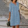 Women Summer Dress Mid Sleeves V-neck Solid Color Loose Pullover Daily Wear Flower Print Casual Lady Midi Dress Female Clothes
