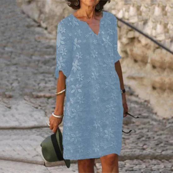Women Summer Dress Mid Sleeves V-neck Solid Color Loose Pullover Daily Wear Flower Print Casual Lady Midi Dress Female Clothes
