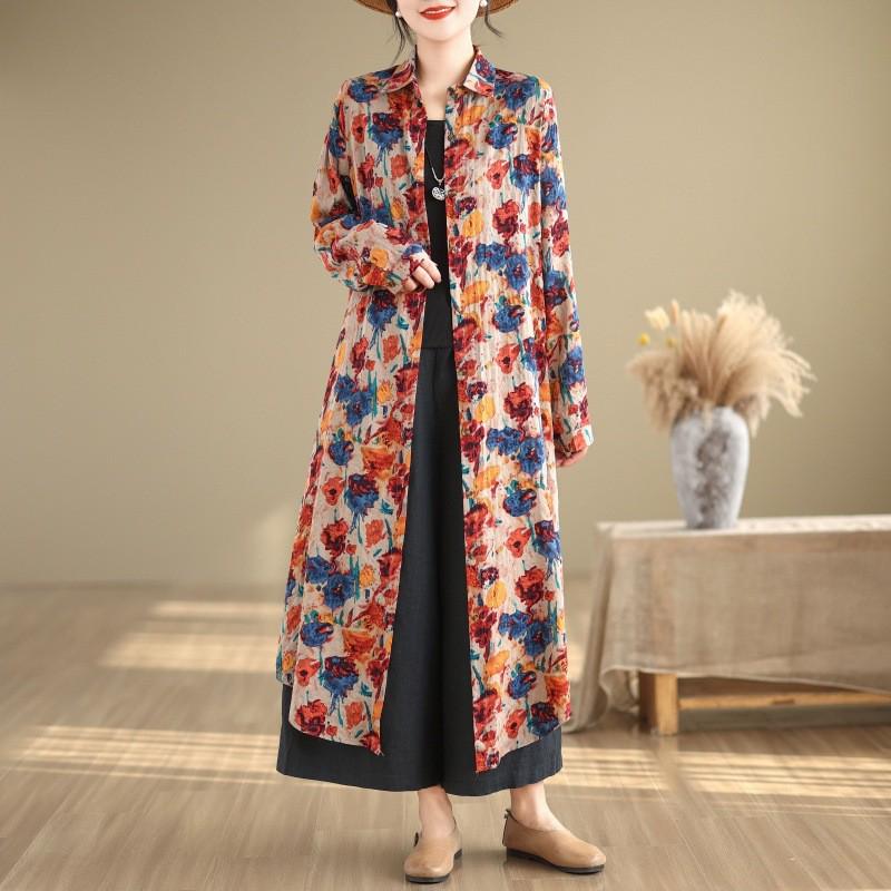 2026 Spring Retro Artistic Long Sleeve Printed Lapel Dress L