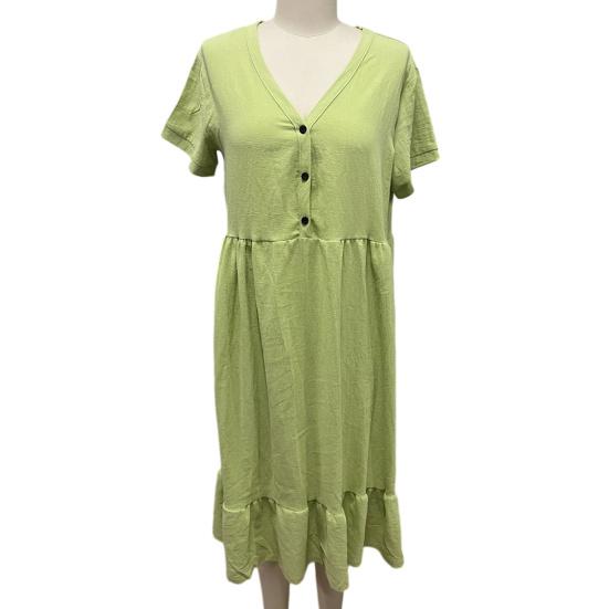 Women Summer Dress Button V Neck Short Sleeve Loose Fit Flowy Beach Sundress Ruffled A-line Swing Casual Midi Dress