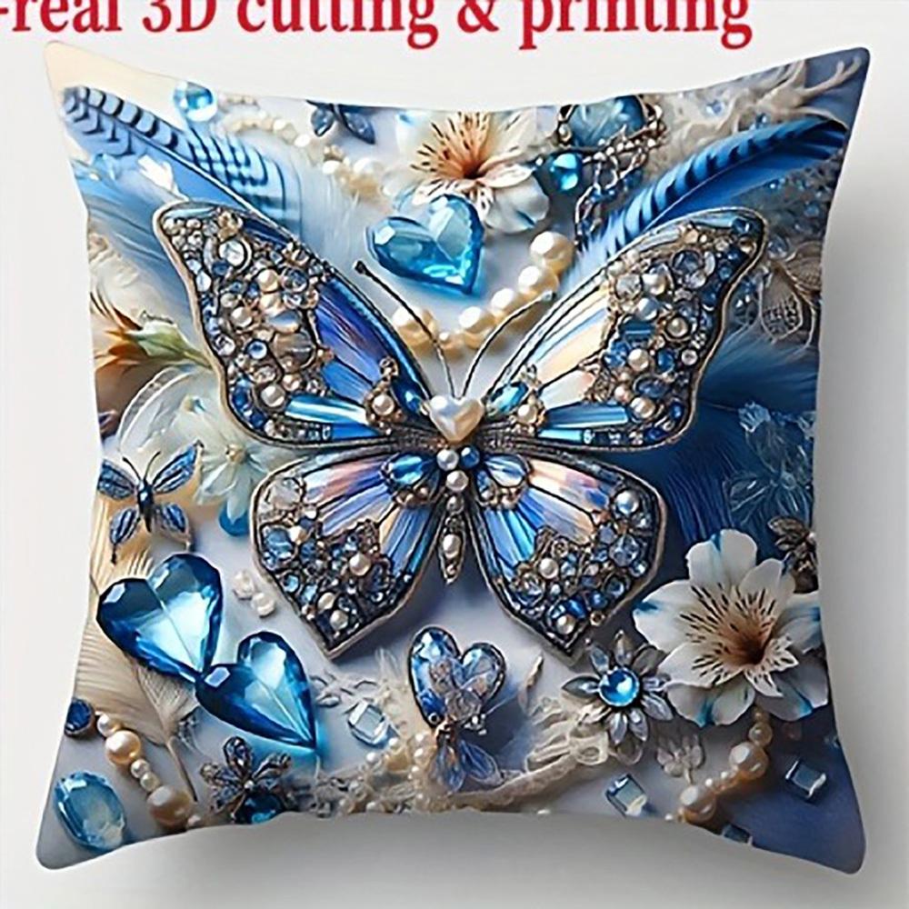 

1/4pcs must-have for Valentine s Day!Blue and white dreamy beaded butterfly heart-shaped pillowcase, 2D exquisite printing, super romantic couple 45x45cm/17.7x17.7inch