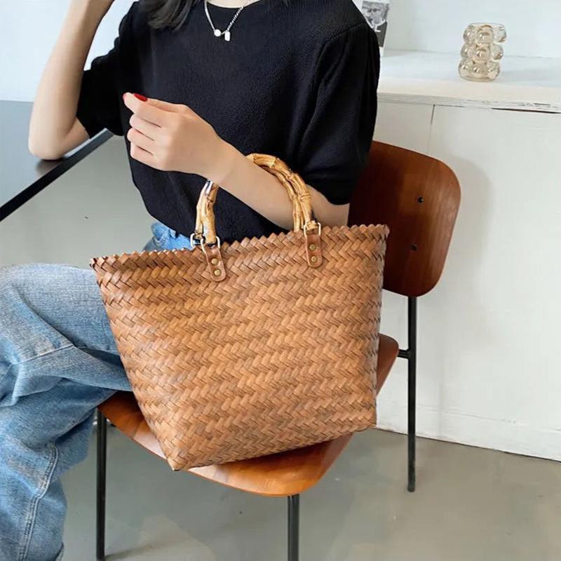 Yogodlns Sommer Stroh Tasche Frauen Große Kapazität Strand Tasche Weben Handgemachte Griff Tasche Mode Kintted Tote Tasche Urlaub Große Handtasche