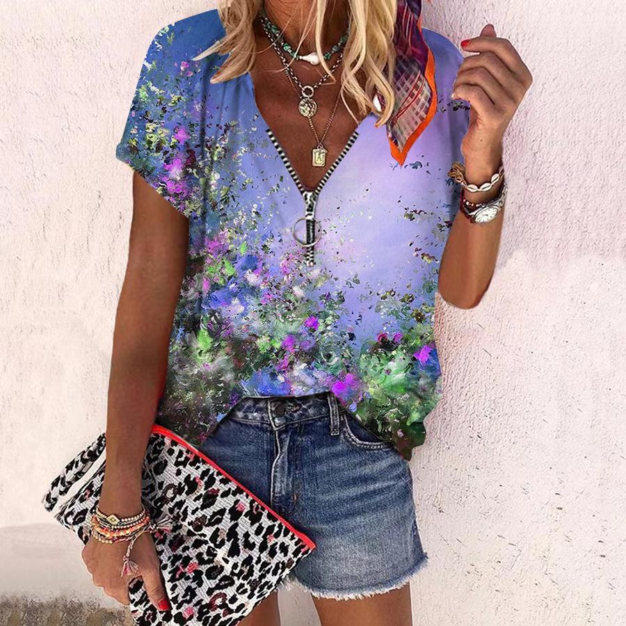 Women's Top Summer New Fashion Rose Flower Rendering Flowers Printed Casual Zipper V-neck Short Sleeve Top