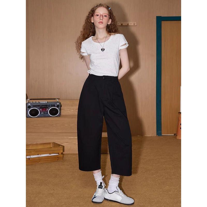 Coolhut Simple Large Pocket Cropped Pants Scimitar Pants 2025 Women's Casual Pants Loose Slimming Straight Pure Cotton