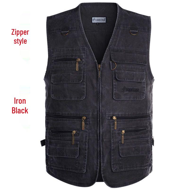 Spring & Autumn Men's Plus Size Cotton Multi-pocket Sleeveless Fishing Vest for Middle-aged & Elderly