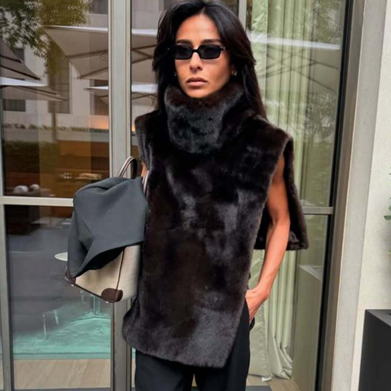 

Водолазка с высоким воротом, меховая безрукавка, модный женский теплый утолщенный жилет 2025 года, роскошная женская одежда, новая весенняя уличная вечеринка, верхняя одежда L чёрный