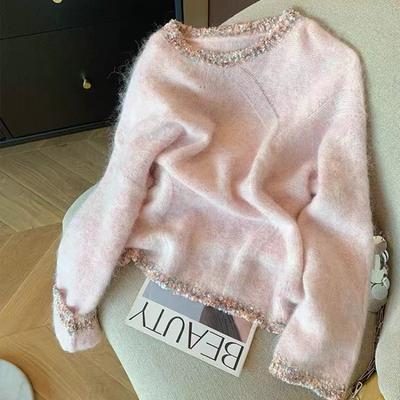 Pink Spliced Lace Mohair Sweater Women's Autumn and Winter New Gentle Wind Lazy Soft Waxy Age-reducing Knitted Sweater