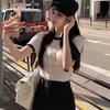 Korean Style Color Block Hollow-Out Knit Top: Slim Fit, Short Sleeve, Lightweight, Versatile Women's Summer Wear.