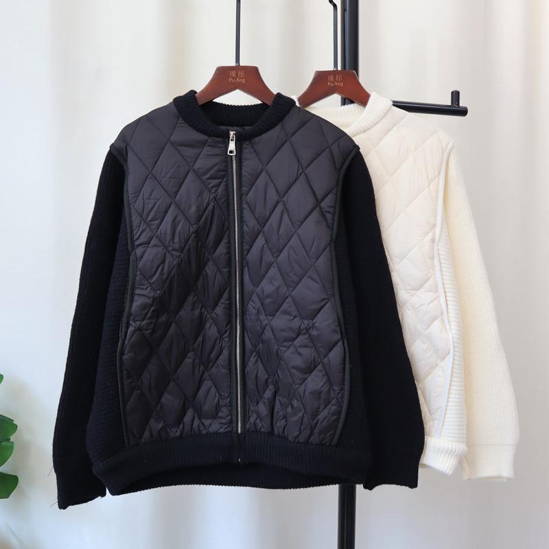 Autumn and Winter New Light and Thin Splicing Cotton Clothes Knitted Cardigan Loose Zipper Design Jacket Sweater Jacket Women
