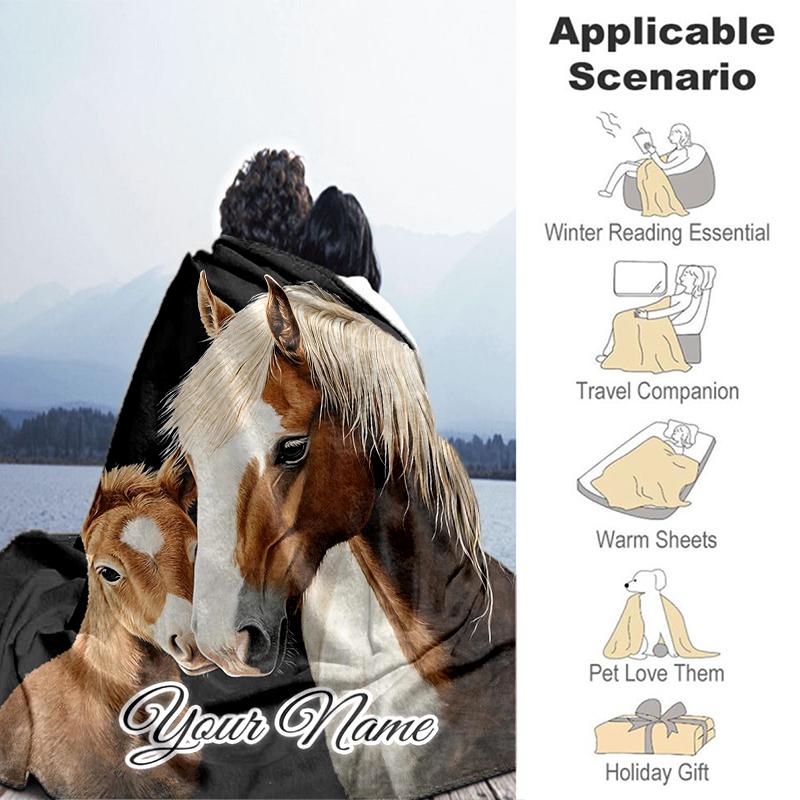 1PC Custom Name Horse Love: Mother Foal Flannel Blankets Patterns Throw Blanket All-Season Soft Gift for Couch, Bed, Camping Gifts