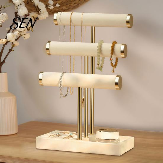 Desktop Jewelry Holder 3 Tier Velvet Organizer, T-shaped for Bracelet, Non-slip Stand Necklaces Rings, & Earrings, with Storage Tray Earring Rack
