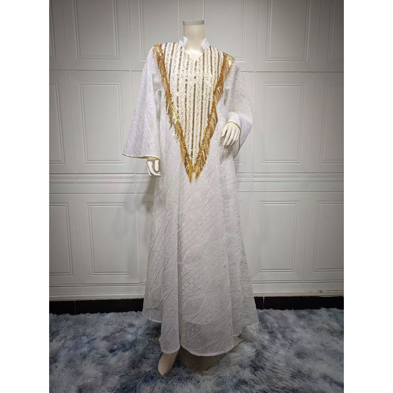 

Middle East Saudi Arabia Dubai Mesh Embroidery Sequined Robe Dress Sequin Fringe Dress White 2XL