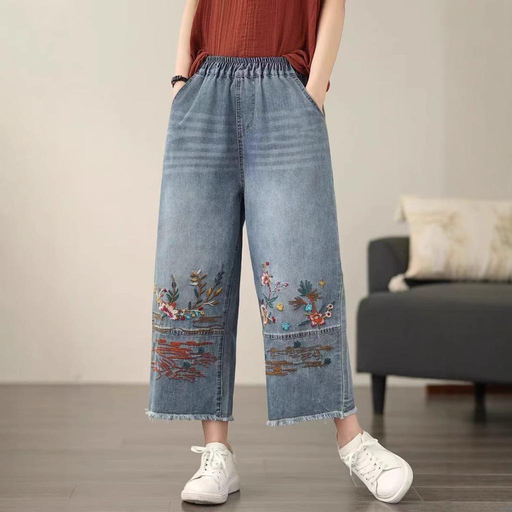 Women's High Waist Embroidered Cropped Wide Leg Jeans Vintage Loose Straight Frayed Hem Denim Pants