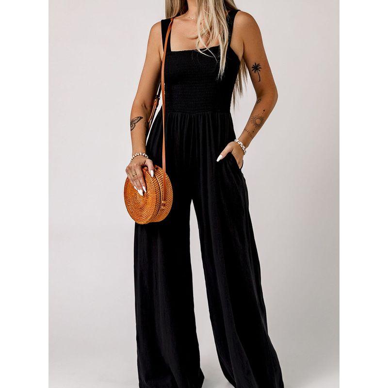 2024 Summer New Arrival Black Square Collar Smocking Jumpsuit Women European and American Leisure Slim Looking Suspenders Loose Pants Women