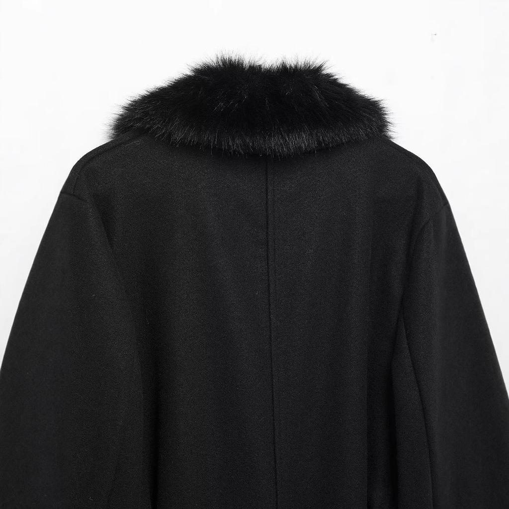 Spring 2025 Women's European & American Faux Fur Belted Lapel Overcoat 