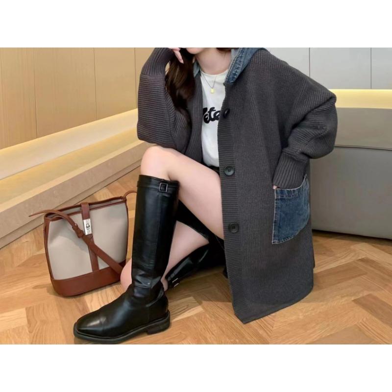 Women S Loose Hooded Long Casual Knit Cardigan Spliced Sweater