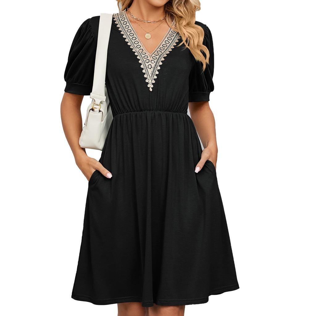 Städtisches Stilkleid mit Taschen und V-Ausschnitt für den Frühling, Freizeitkleidung