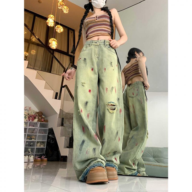 2025 Herbst Retro Spritzer zerrissene Low-Rise Wide-Leg Jeans für Männer und Frauen – Europäischer und Amerikanischer High Street Stil