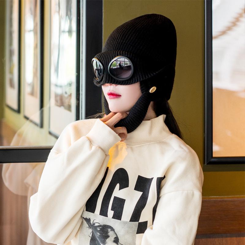 

New glasses woolen cap pilot sunglasses ski cap ear mask winter warm knitted hat men s and women s pullovers One size fits all чёрный