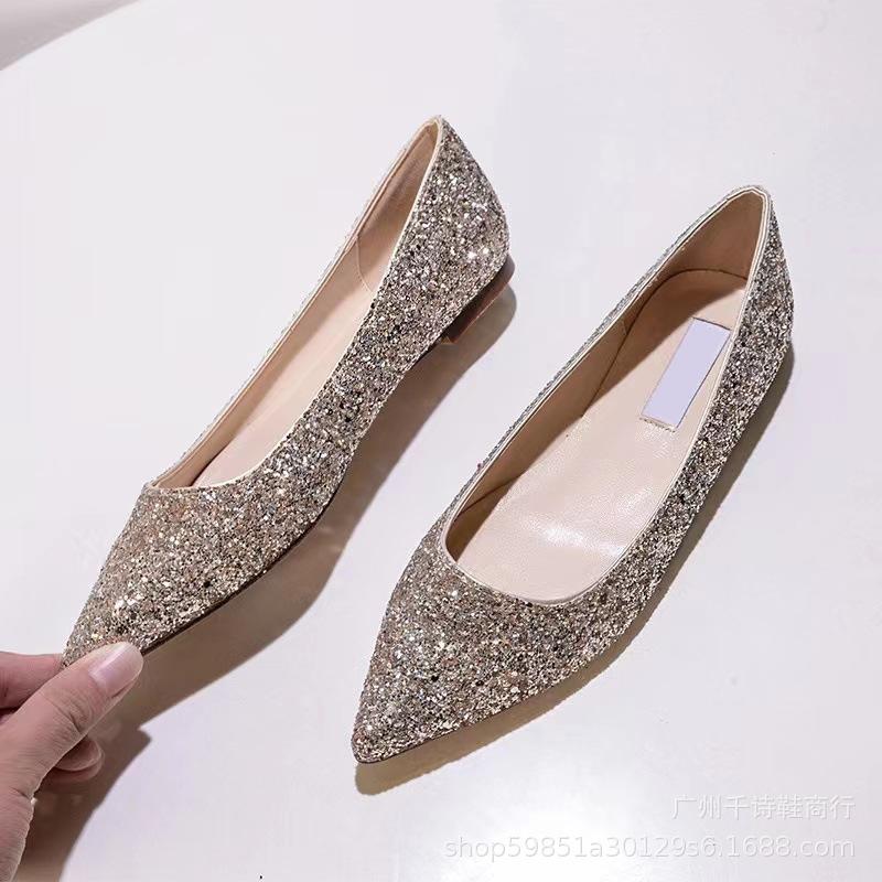 

High version jc French silver temperament pointed flat shoes with diamonds, sequined rhinestone chain Mary Jane single shoes women 35