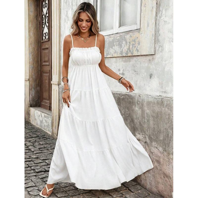 Europe, America 2026 Summer New Vacation Ruffle Edge Slim and Thin Long Suspender Dress Women