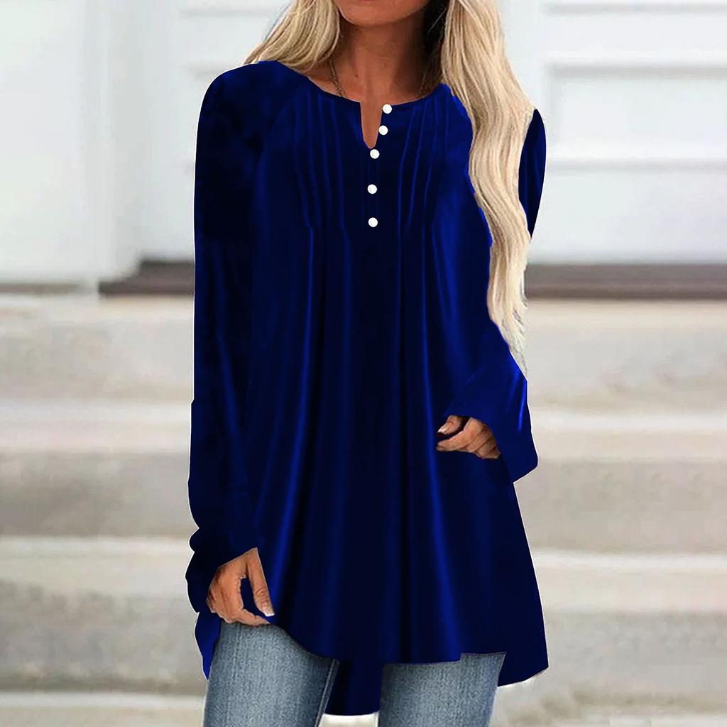 Women's V Neck Long Sleeve Velvet Tunic Top Pleated Button Front A Line Flowy Blouse