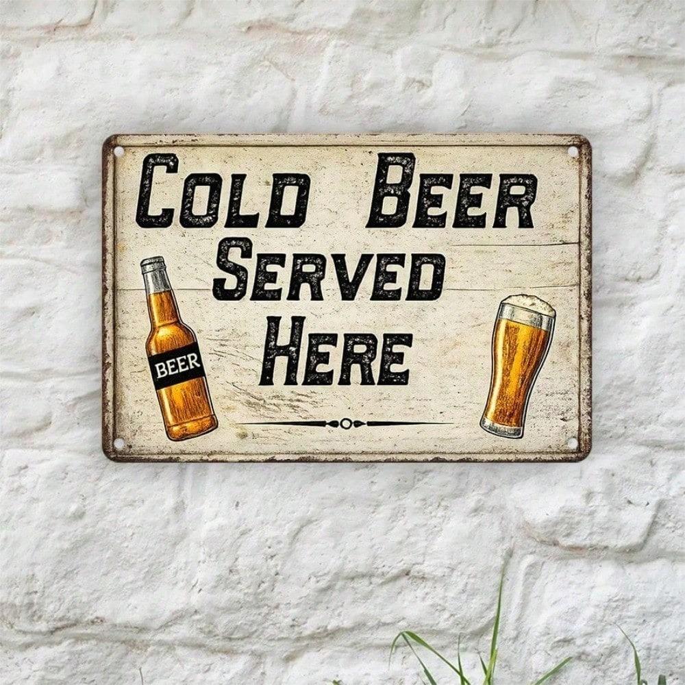 1PC Retro Cold Beer Metal Tin Sign, 2D Flat Vintage Wall Decor, 12x8 Inch Rustic Farmhouse Plaque, Easy To Hang