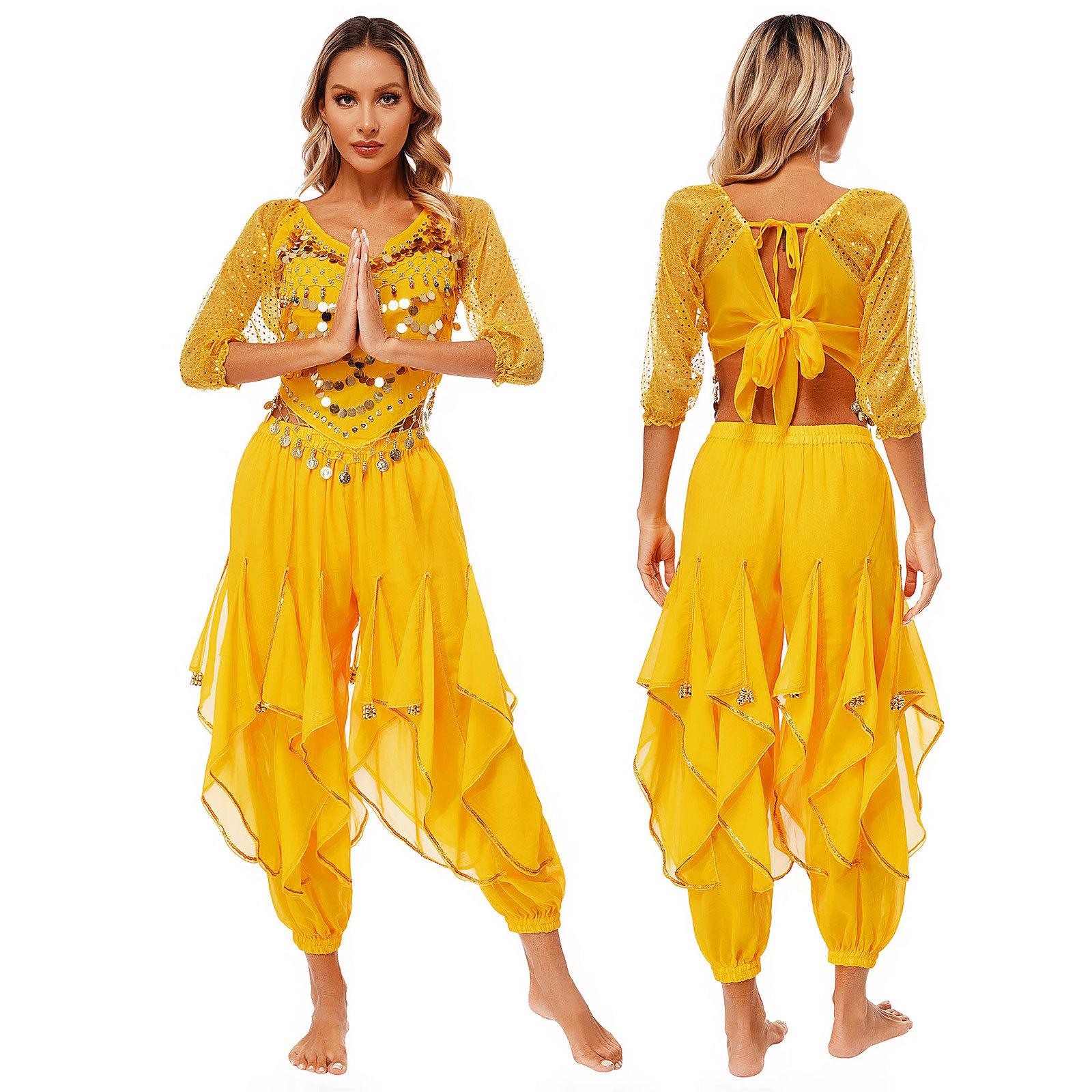 

Жіночий набір для танцю живота Індійський Боллівуд Арабська принцеса Танцювальний одяг Одяг Фестиваль Косплей Маскарад Вечірка Сценічний виступ жовтий