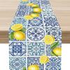 Summer Lemon Blue Tiles Linen Table Runner Party Decor Watercolor Floral Fruit Leaves Kitchen Dining Table Runners Home Decor