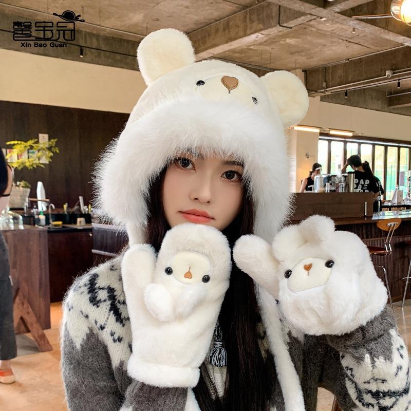 Winter plush cute bear gloves hat women's windproof and warm ear protection pullover hat versatile and small face