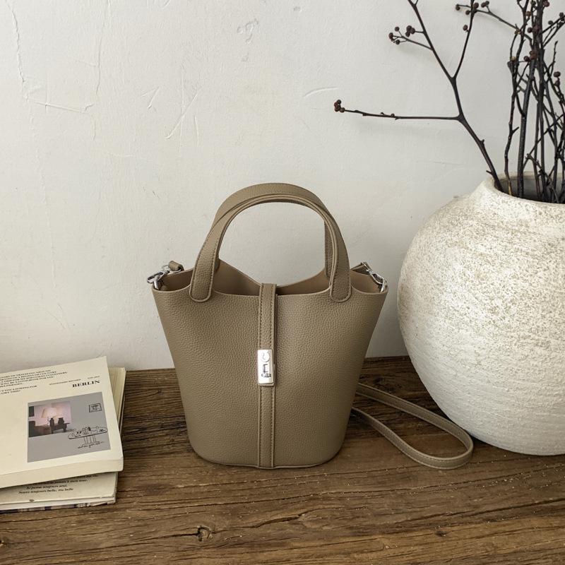 Simple Lychee Pattern Leather Small Bag - 2026 Spring Retro Women s Crossbody & Handheld Basket Bucket