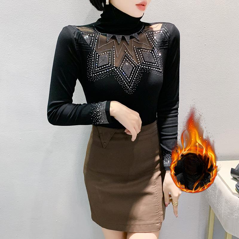 New High-neck Hollow Diamond T-shirt Top In Winter, Fashionable Slim Fit and Slim Base Shirt for Women