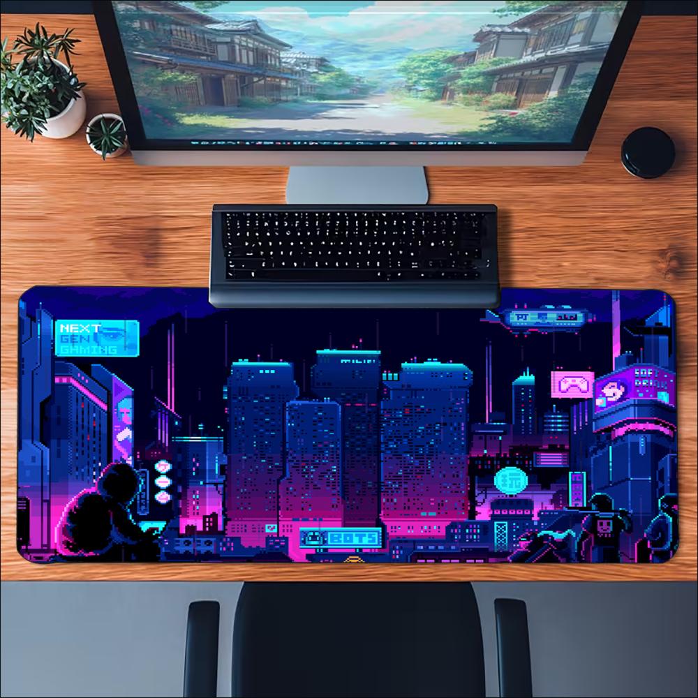 Cyberpunk Neon City Large Extended Mouse Pad Nonslip Rubber Base Stitched Edges Smooth Surface For Work And Office Use