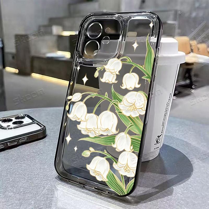 Delicate White Floral Green Leaves Phone Case for iPhone 17 16 15 14 13 12 11 16E Series Pro Max Plus Double Layer Protection