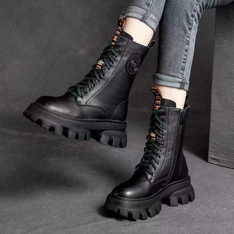 2025 Mid-Calf Soft Leather Chunky Heel Retro Chelsea Boots with Non-Slip Sole