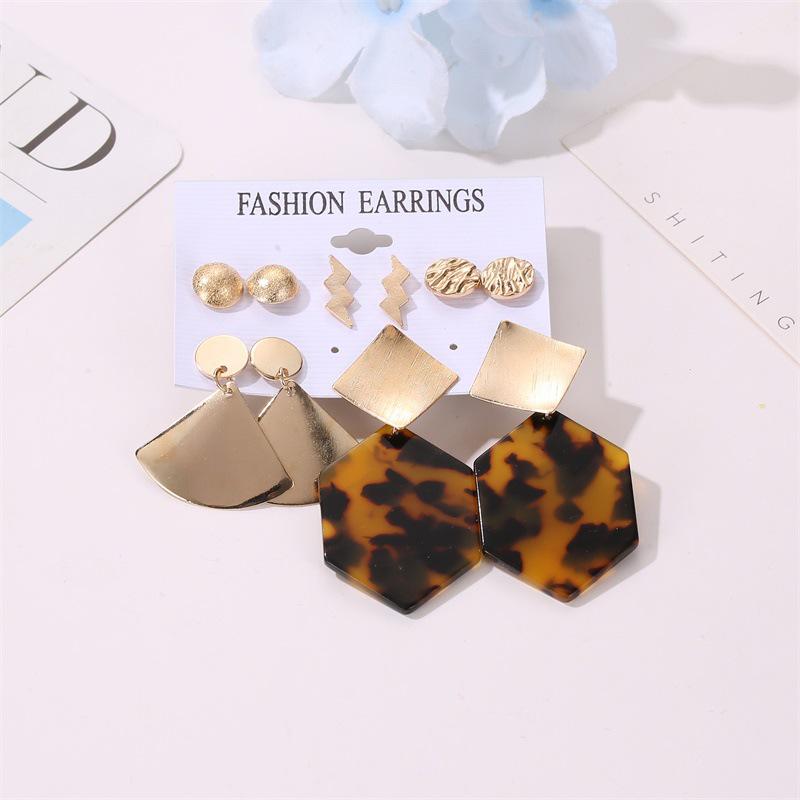 Leopard Print Leaf Tassel Earrings Set: Simple Card Packaging, Stud & Hollow Geometric Design for Women