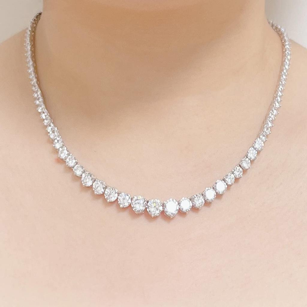 Tennis Necklace Chain Fancy Cut CZ Platinum Plated Collarbone Wedding Jewelry Classic Silver [LAVINA] Women's