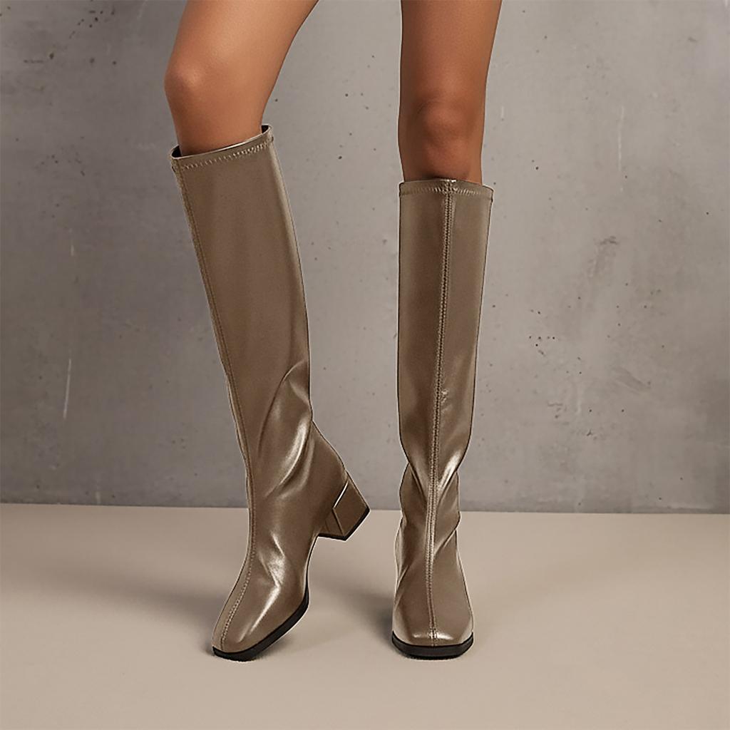 Cizme de damă versatile, la modă, cu vârf ascuțit, toc plat, fără șireturi, culoare solidă, casual, până la jumătatea gambei, pentru călărie, înalte pe gambă