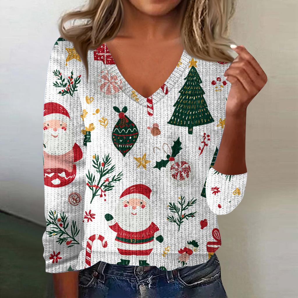 Women's Cute Sweatshirt Knitted Fashion Casual V-neck Long-sleeved Cozy Print Top